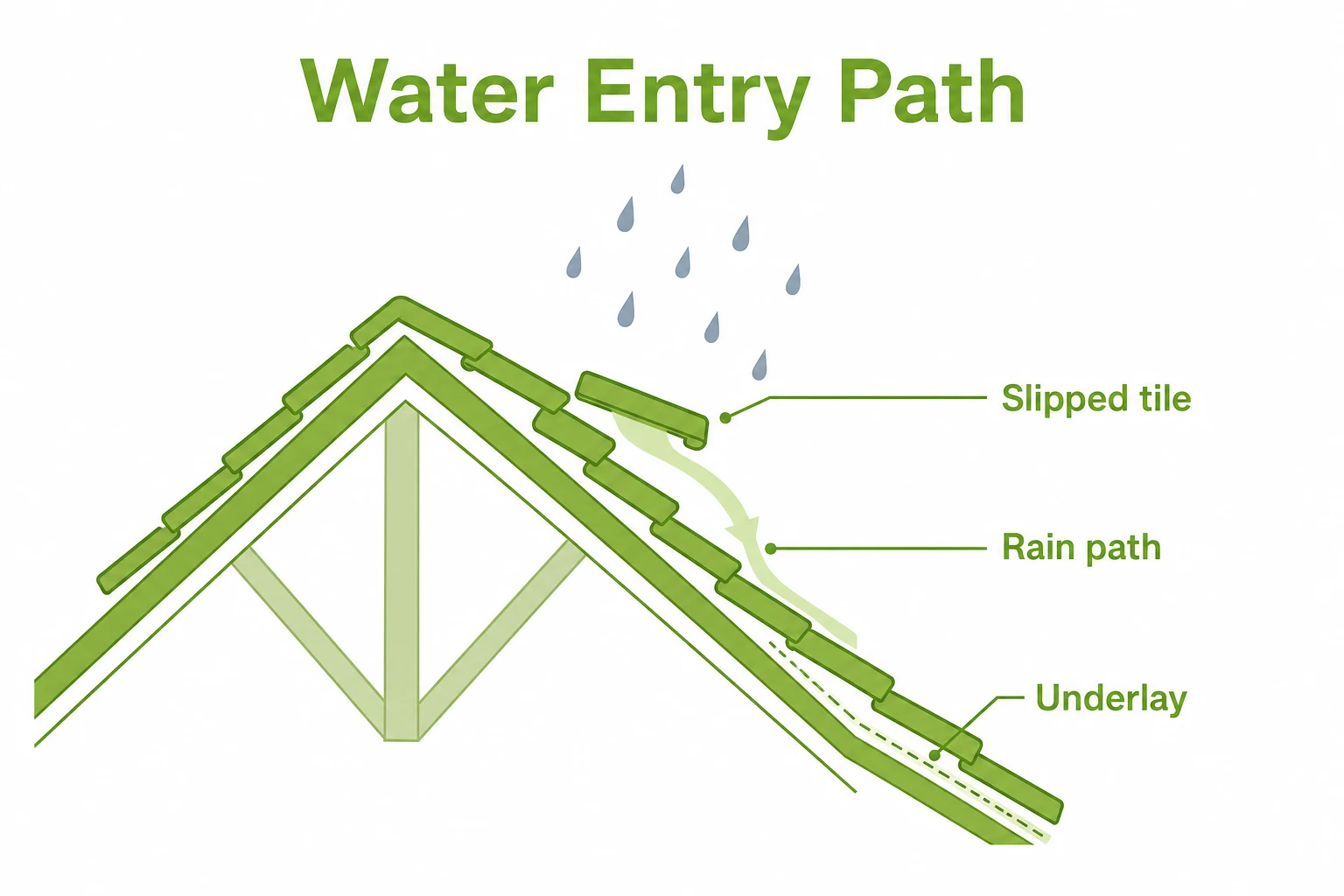 Graphic showing rain entering beneath a slipped roof tile