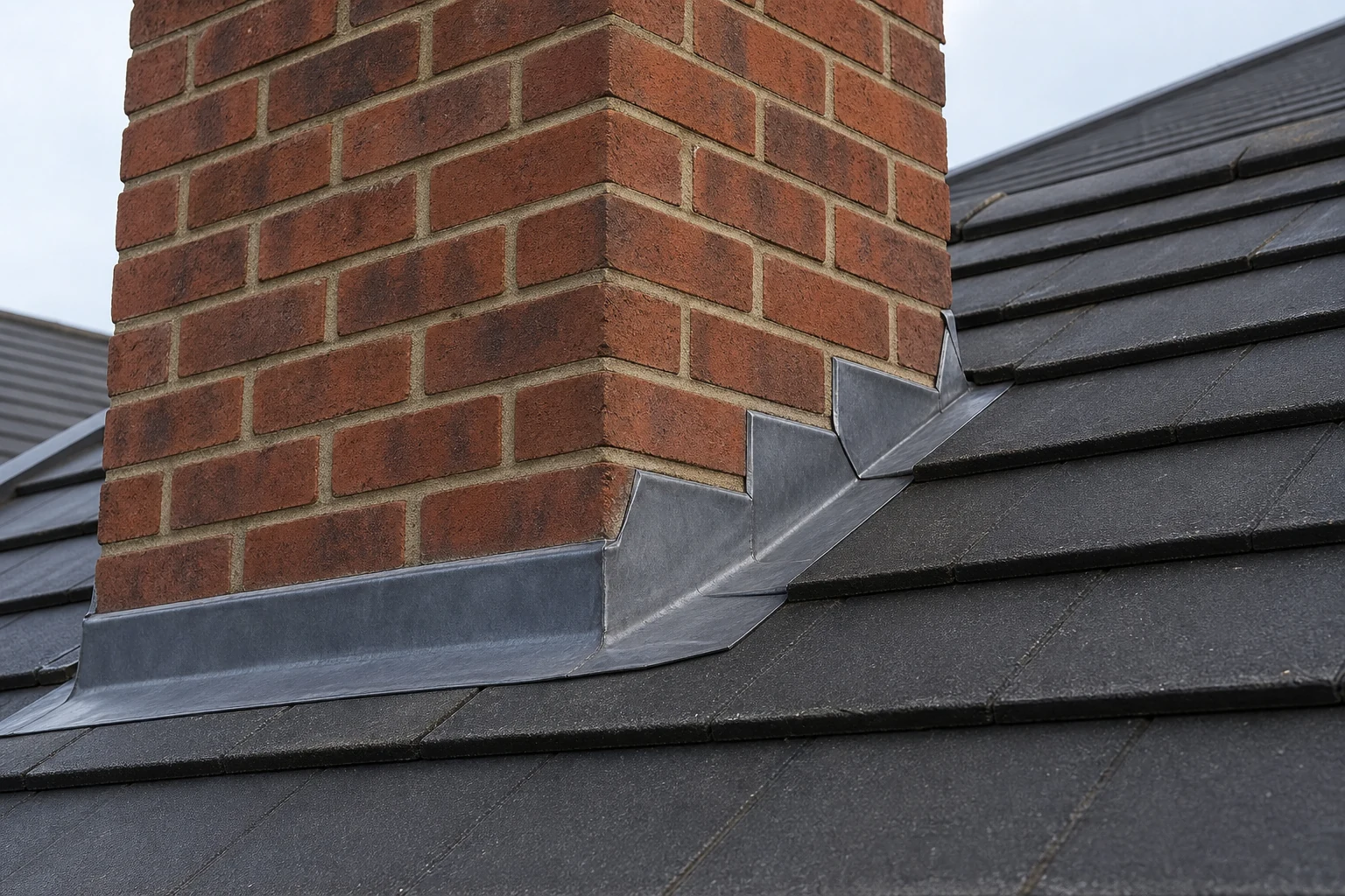 Lead flashing around a chimney on a tiled roof