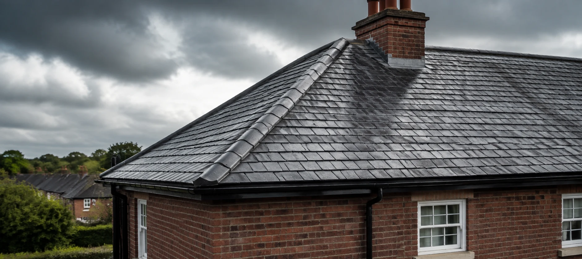 Clean slate roof with chimney flashing and gutters after rain