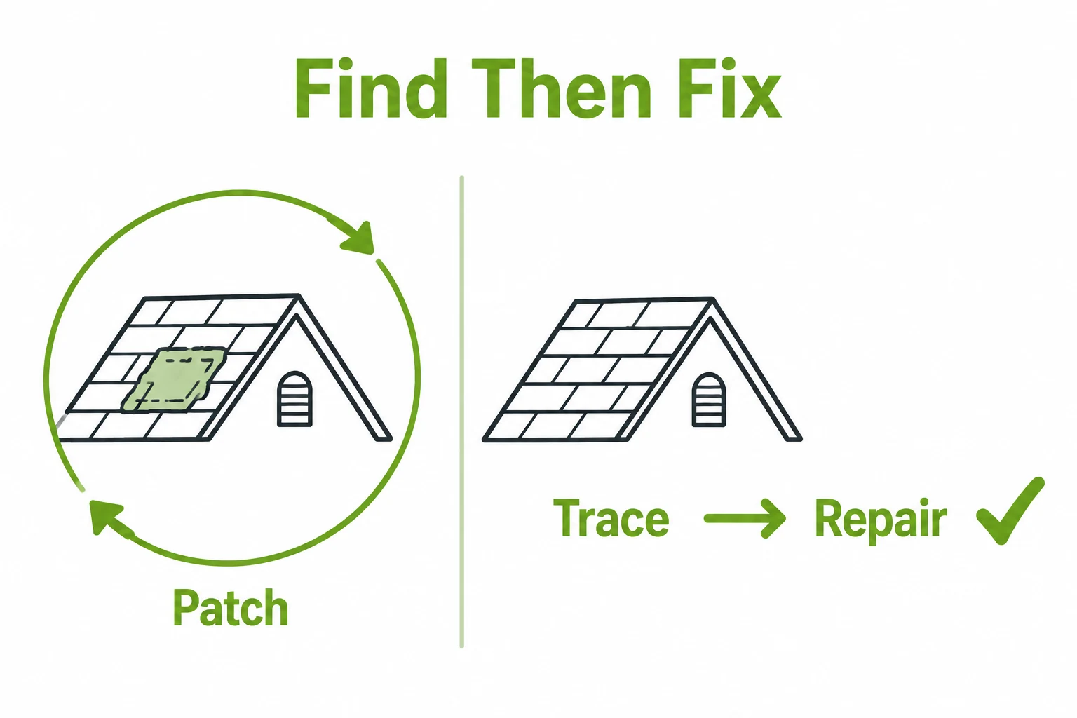 Graphic comparing repeated patching with tracing and repair