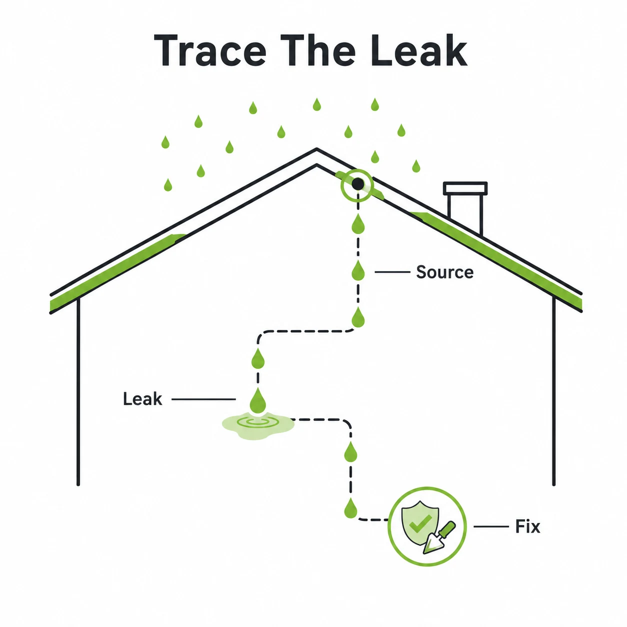 Graphic showing a leak traced from visible water to the source and fix